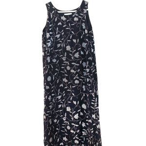 Jones New York Dress, long, lined, sleeveless, blue, with flower & leaf print